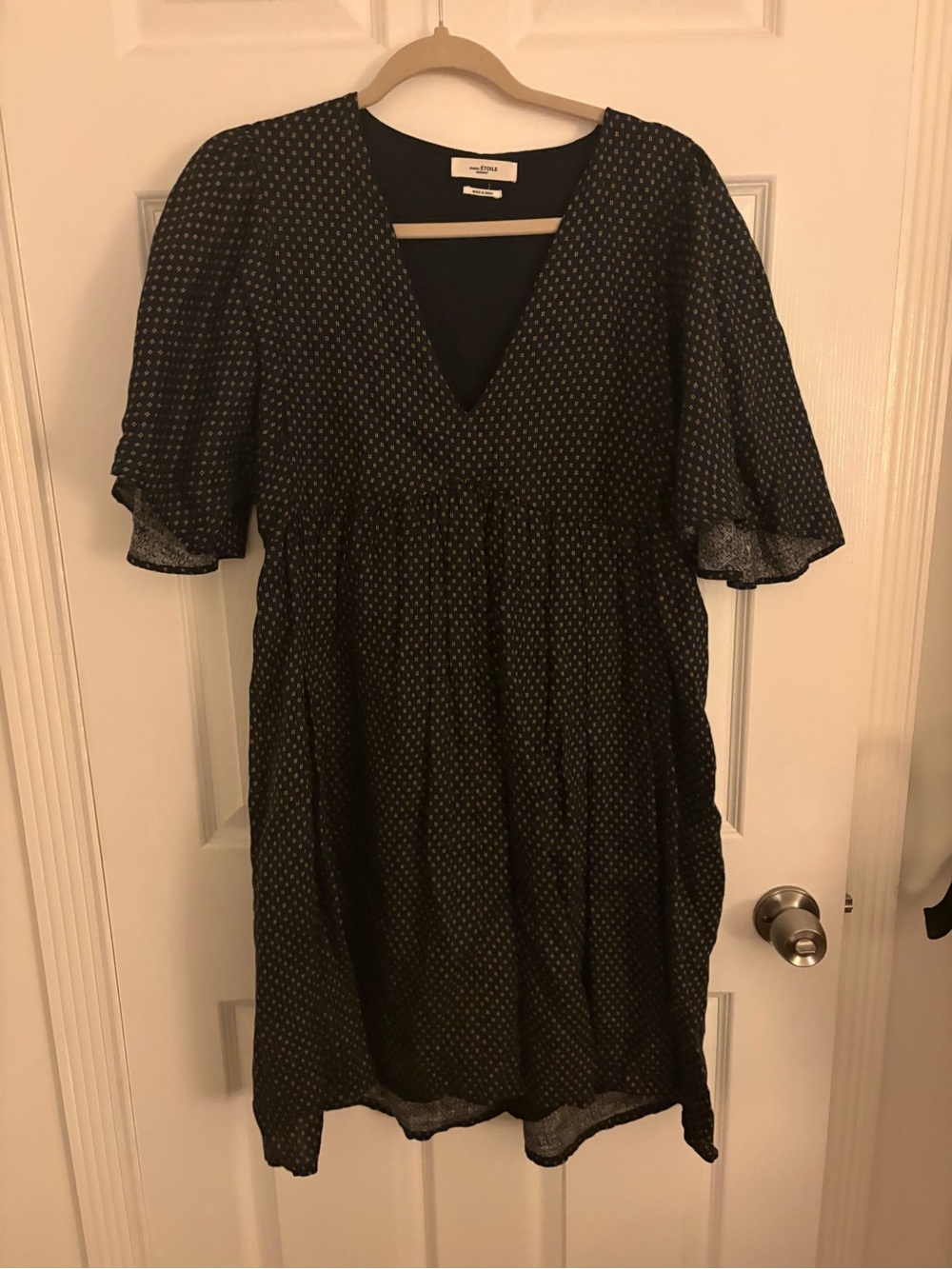 Mini Dress with V-Neck and Subtle Polka Dot Print - Black
